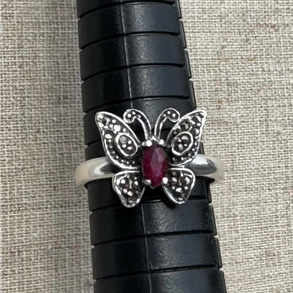Silver Butterfly Ring With Ruby Bezel Gemstone Si… - image 2